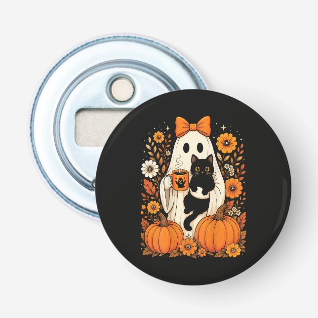 Groovy Halloween-Geist mit schwarzer Katze floral Flaschenöffner (Vorderseite)