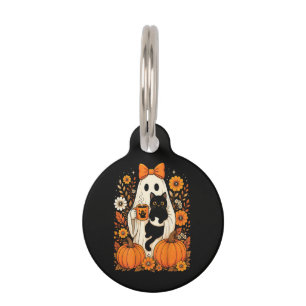 Groovy Halloween-Geist mit schwarzer Katze floral Haustiermarke