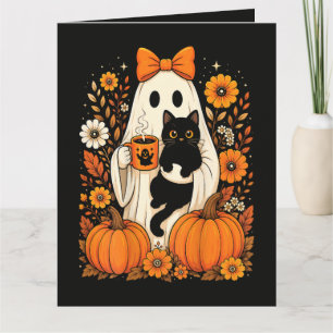 Groovy Halloween-Geist mit schwarzer Katze floral Karte