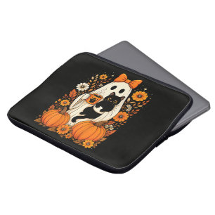 Groovy Halloween-Geist mit schwarzer Katze floral Laptopschutzhülle