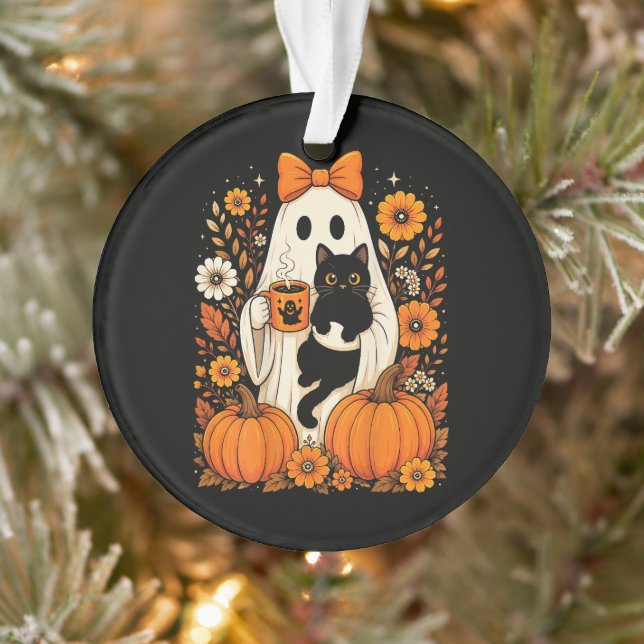 Groovy Halloween-Geist mit schwarzer Katze floral Ornament (Baum)