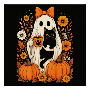 Groovy Halloween-Geist mit schwarzer Katze floral Poster