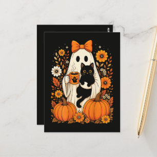 Groovy Halloween-Geist mit schwarzer Katze floral Postkarte