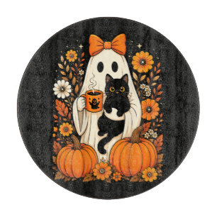 Groovy Halloween-Geist mit schwarzer Katze floral Schneidebrett