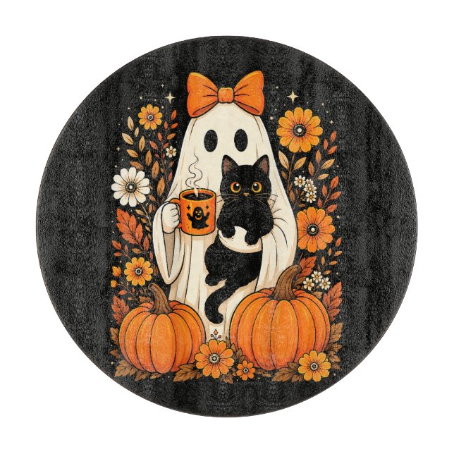 Groovy Halloween-Geist mit schwarzer Katze floral Schneidebrett (Vorderseite)