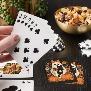 Groovy Halloween-Geist mit schwarzer Katze floral Spielkarten