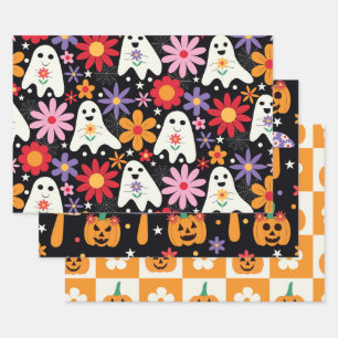 Groovy Halloween-Geister Kürbisse und Blumen Geschenkpapier Set