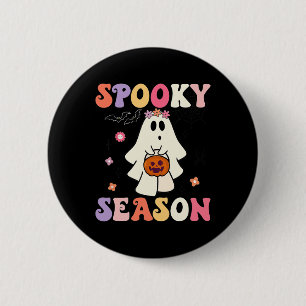 Groovy Halloween Ghost Holding Pumpkin Spooky Seas Button