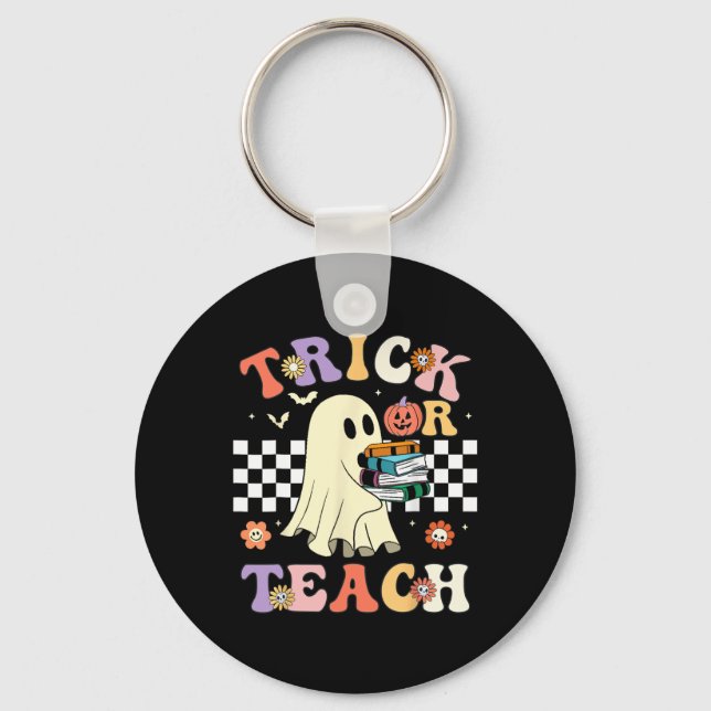 Groovy Halloween Trick oder lehren Retro Blumengho Schlüsselanhänger (Vorderseite)