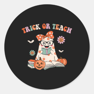 Groovy Halloween Trick or Teach Retro Floral Ghost Runder Aufkleber