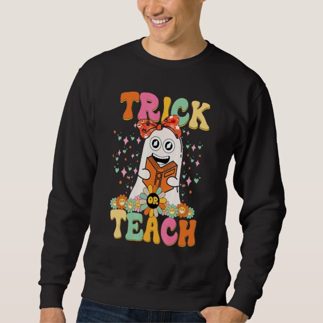 Groovy Halloween Trick or Teach Retro Floral Ghost Sweatshirt (Vorderseite)