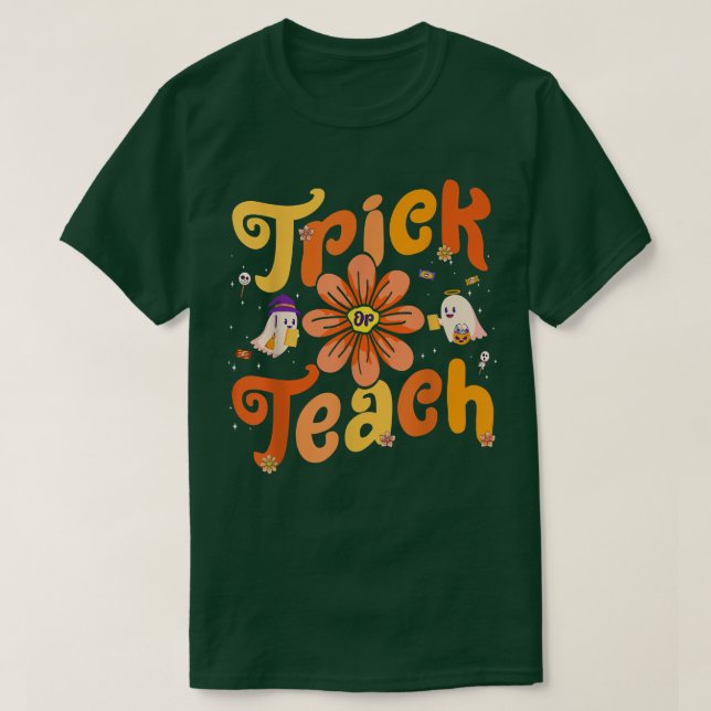 Groovy Halloween Trick or Teach Retro Floral Ghost T-Shirt (Design vorne)