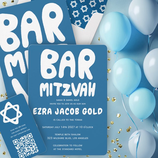 Groovy Handlettering Custom Bar Mitzvah Blue Einladung (Groovy Handlettering Custom Bar Mitzvah Blue Invitation
)