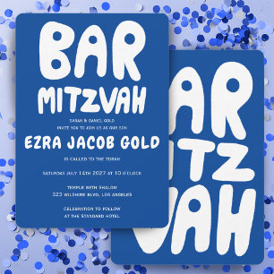 Groovy Handlettering Custom Bar Mitzvah Blue White Einladung