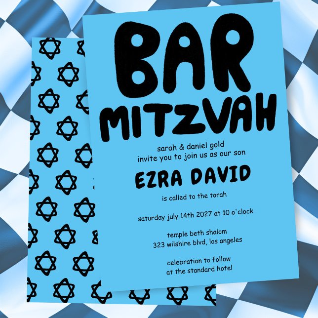 Groovy Handlettering Custom BAR Mitzvah Bold Stars Einladung (Groovy Handlettering Custom BAR Mitzvah Bold Blue Stars Invitation
)