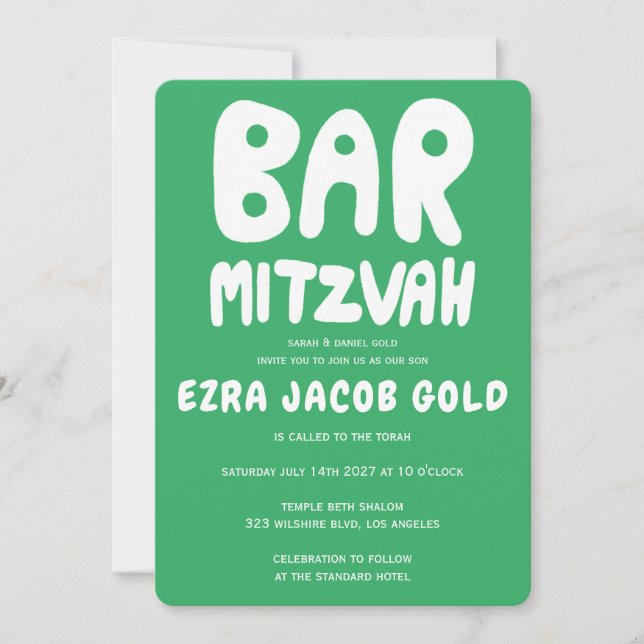 Groovy Handlettering Custom Bar Mitzvah Green Einladung (Vorderseite)