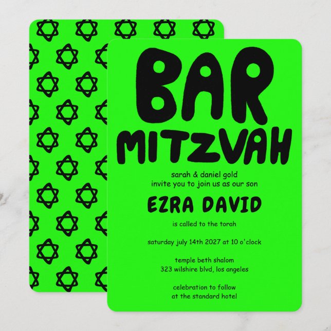 Groovy Handlettering Custom BAR Mitzvah Neon Stars Einladung (Vorne/Hinten)