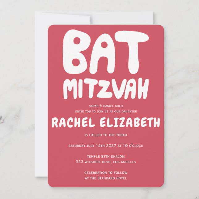 Groovy Handlettern Custom Bat Mitzvah Pink Stars Einladung (Vorderseite)