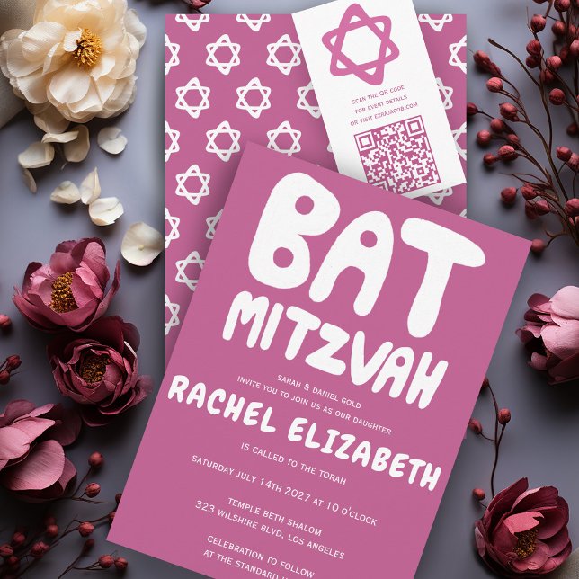 Groovy Handlettern Custom Bat Mitzvah Pink Stars Einladung (Groovy Handlettering Custom Bat Mitzvah Pink Stars Invitation
)