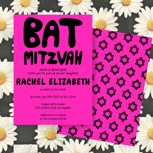 Groovy Handlettern Custom Bat Mitzvah Pink Stars Einladung (Groovy Handlettering Custom Bat Mitzvah Hot Pink Stars Bold Invitation
)