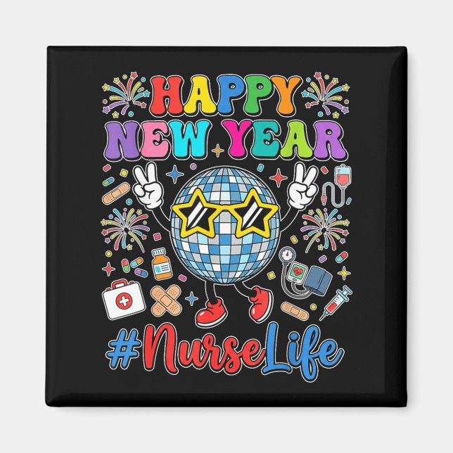 Groovy Happy New Year 2026 Nurse Life Disco Ball F Magnet (Vorne)