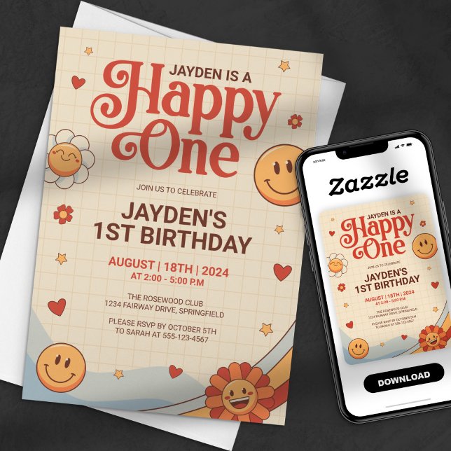 Groovy Happy One Y2k Happy Face Birthday Einladung (Von Creator hochgeladen)