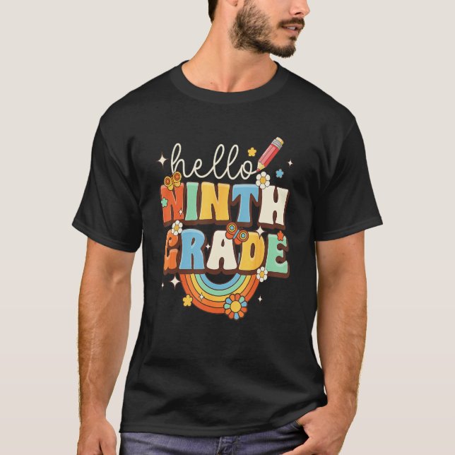 Groovy Hello Ninth Grade Vibes Retro Teacher Back  T-Shirt (Vorderseite)