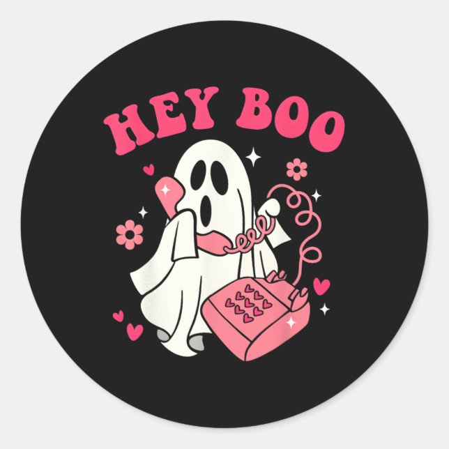 Groovy Hey Boo Niedlich Ghost Funny Halloween Mens Runder Aufkleber (Vorderseite)