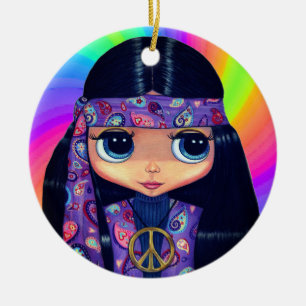 Groovy Hippie Chick in Purple Peace Sign Headband Keramik Ornament