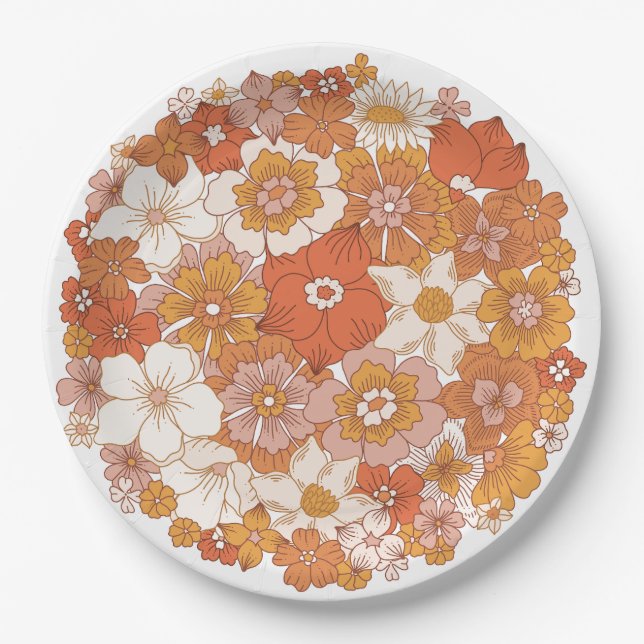 Groovy Hippie Floral Pink Orange Brautparty Pappteller (Vorderseite)