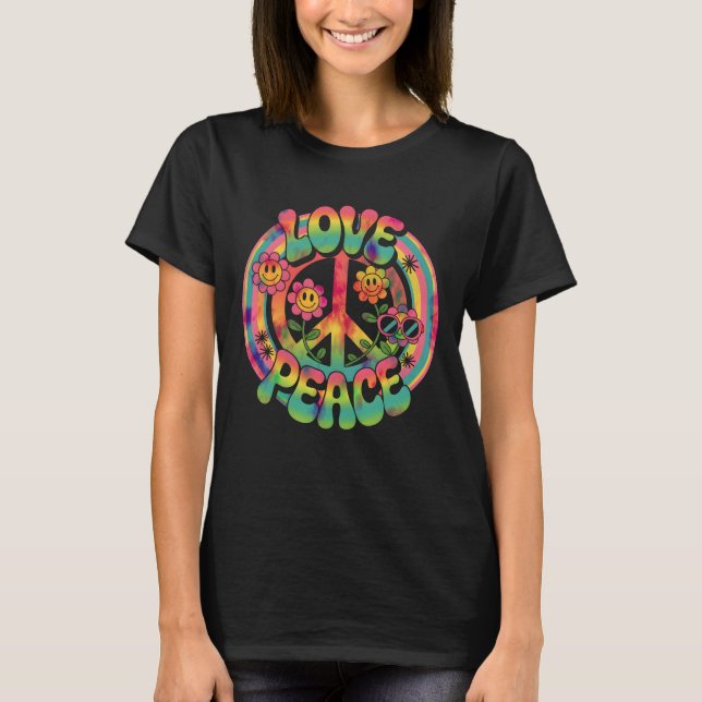 Groovy Hippie Love Peace Flowers Smiley Faces Rain T-Shirt (Vorderseite)