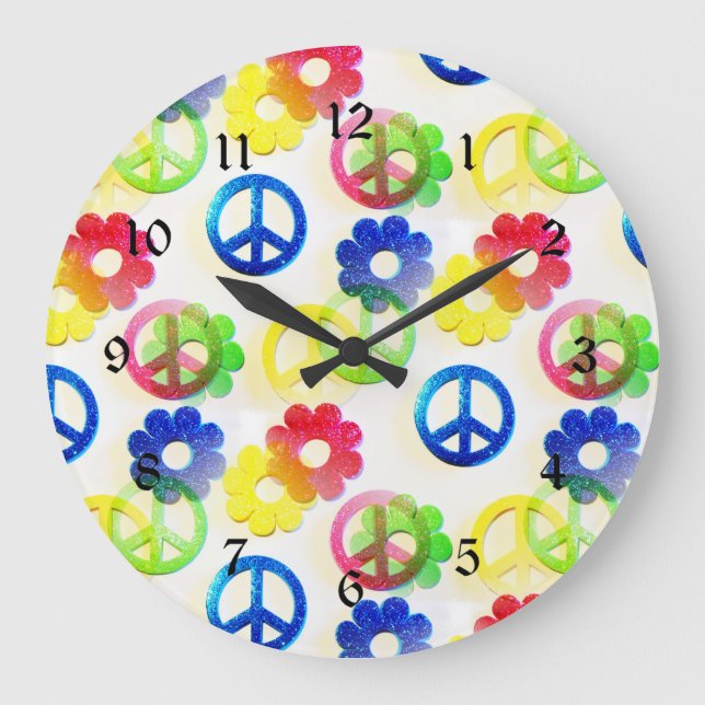 Groovy Hippie Peace Signs Blume Power Glitzern Große Wanduhr (Vorderseite)