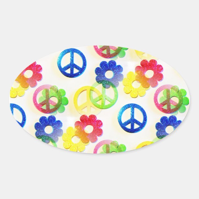 Groovy Hippie Peace Signs Blume Power Glitzern Ovaler Aufkleber (Vorderseite)