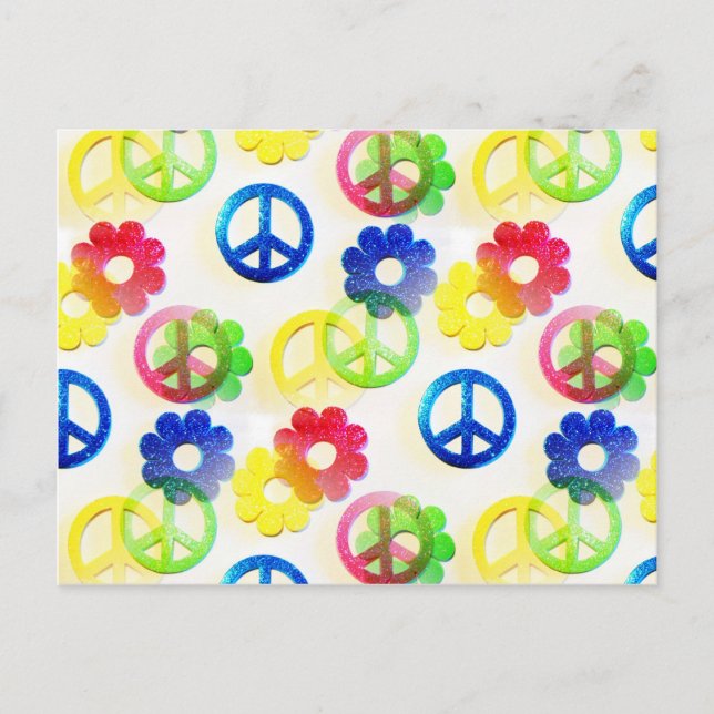 Groovy Hippie Peace Signs Blume Power Glitzern Postkarte (Vorderseite)
