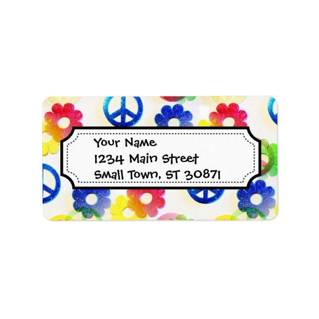 Groovy Hippie Peace Signs Blume Power Sparkle Adressaufkleber (Vorne)
