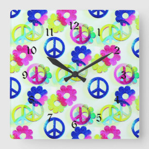 Groovy Hippie Peace Signs Flower Power Aqua Quadratische Wanduhr