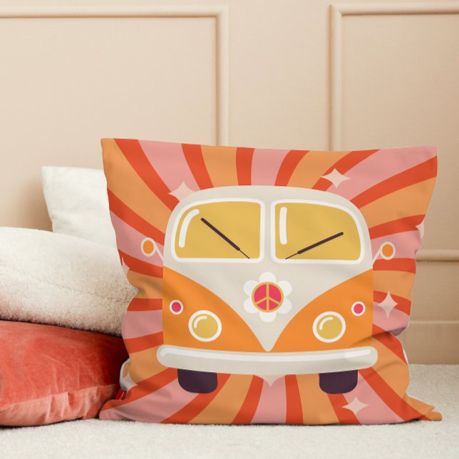 Groovy Hippie Van Pink & Orange 60er Retro Kissen (Groovy Hippie Van Pink & Orange 60s Retro Throw Pillow teen girl college dorm room decor decoration)