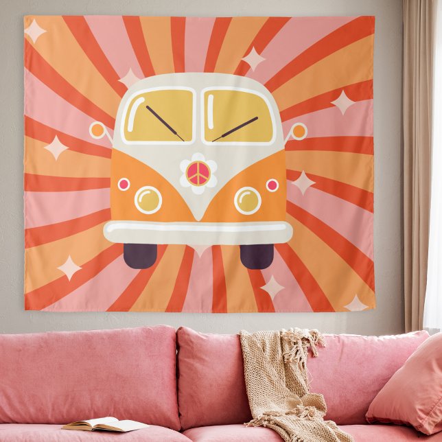 Groovy Hippie Van Pink & Orange 60er Retro Wandteppich (Groovy Hippie Van Pink & Orange 60s Retro Tapestry party backdrop decoration college dorm room decor)