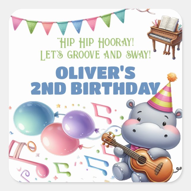 "Groovy Hippo Birthday Bash Bonanza!" Einladung Quadratischer Aufkleber (Vorderseite)