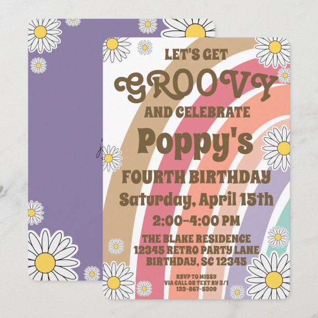 Groovy Hippy Boho Rainbow & Daisy Girls Geburtstag Einladung (Vorne/Hinten)