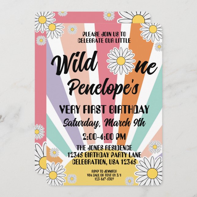 Groovy Hippy Sun & Daisy 1. Geburtstag Einladung (Vorne/Hinten)