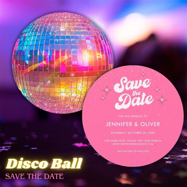 Groovy Hot Pink Disco Ball Wedding Save the Date Einladung (Von Creator hochgeladen)