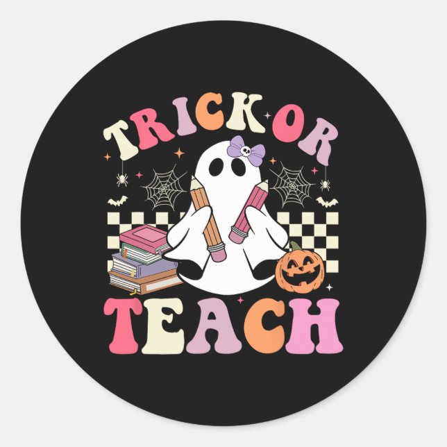 Groovy Lehrer Halloween Trick oder lehren Retro Ni Runder Aufkleber (Vorderseite)