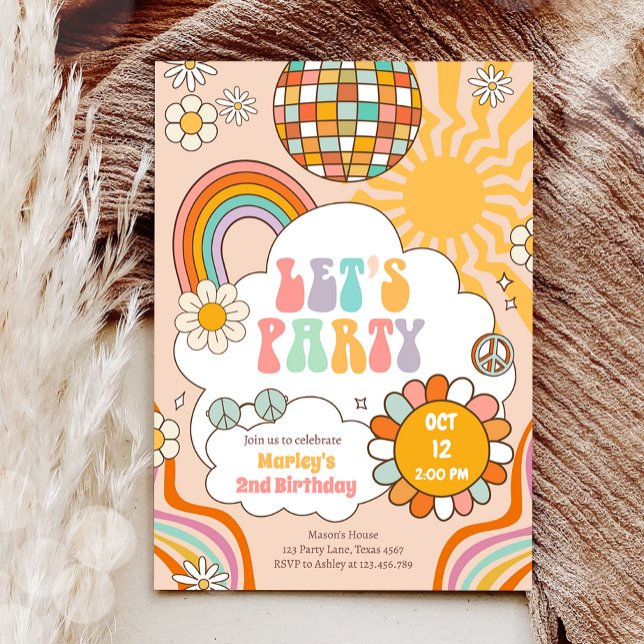 Groovy Let's Party Retro 70er Rainbow Birthday Einladung (Von Creator hochgeladen)