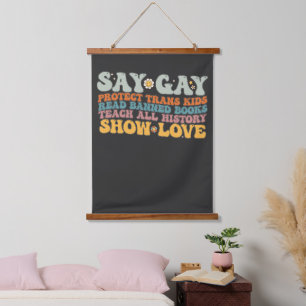 Groovy LGBT Say Gay Schütze Trans-Kinder Lies Büch Wandteppich Mit Holzrahmen