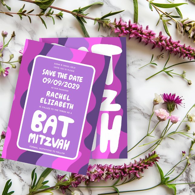 Groovy Lila Waves Custom Bat Bar Bnai Mitzvah Save The Date (Groovy Purple Waves Custom Bat Bar Bnai Mitzvah Save The Date card)