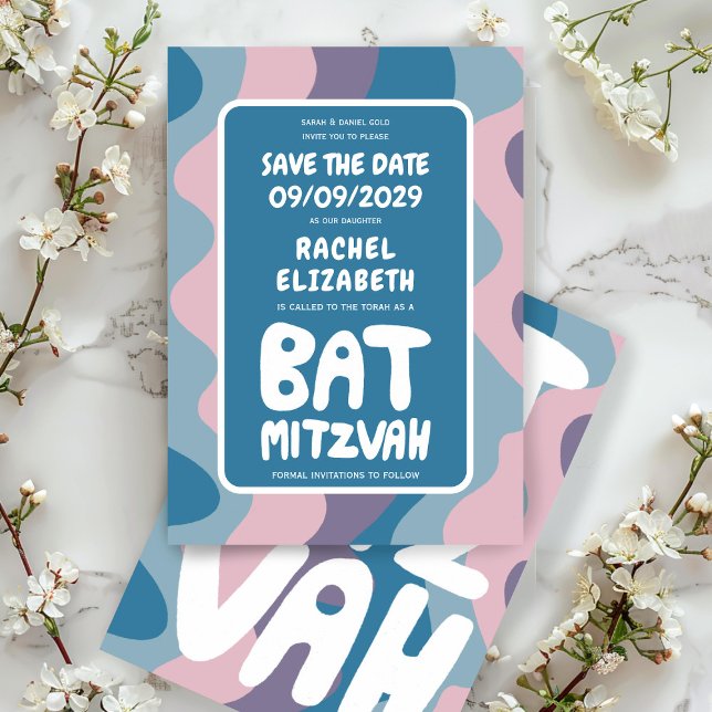 Groovy Lila Waves Custom Bat Bar Bnai Mitzvah Save The Date (Groovy Purple Waves Custom Bat Bar Bnai Mitzvah Save The Date Card)