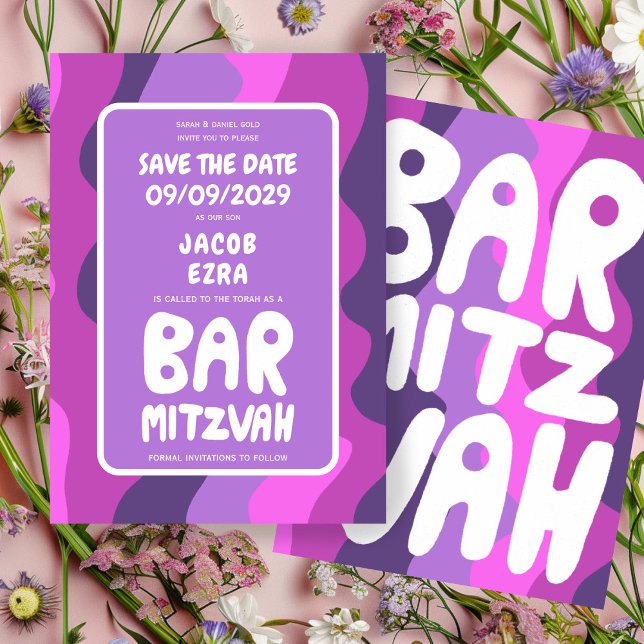 Groovy Lila Waves Custom Bat Bar Bnai Mitzvah Save The Date (Groovy Purple Waves Custom Bat Bar Bnai Mitzvah Save The Date
)