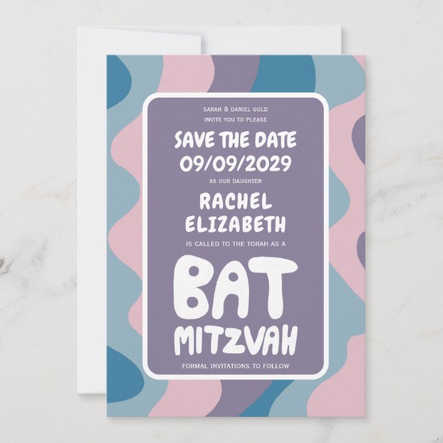 Groovy Lila Waves Custom Bat Bar Bnai Mitzvah Save The Date (Vorderseite)