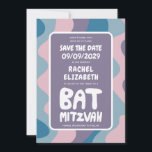 Groovy Lila Waves Custom Bat Bar Bnai Mitzvah Save The Date<br><div class="desc">Perfekte Karte, um eine Bar- oder Fledermausmitzvah oder andere jüdische Feier zu verkünden und Gäste zu Save the Date fragen! Handgefertigte Kunst für Sie mit Griffe auf der Vorder- und Rückseite! (Karo Shop oder DM für BAR/BAT Optionen) VOLL KUNSTBAR! Klicken Sie auf "Personalisieren" oben, um den Text zu bearbeiten. Klicken...</div>